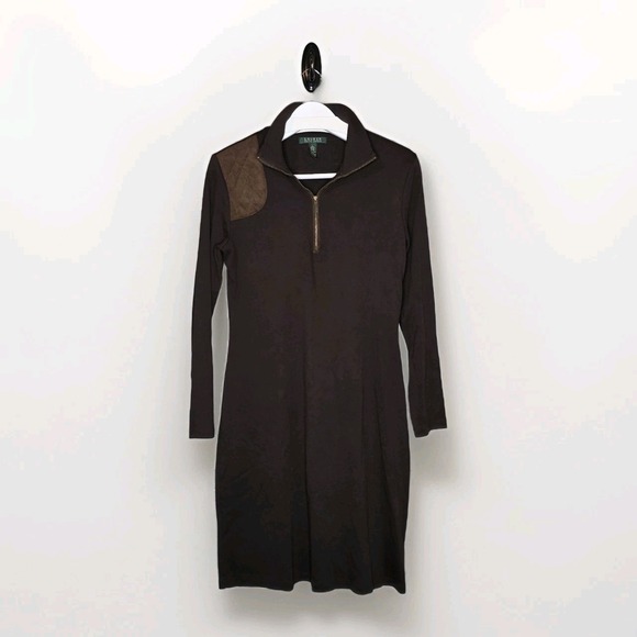 Lauren Ralph Lauren Equestrian Trap Midi Long Sleeve 1/4 Zip Dress Large Brown - Picture 1 of 6